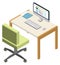 Computer desk and chair isometric icon. Remote workplace