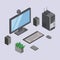 Computer and digital equipments, devices at desktop workplace vector illustration.