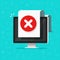 Computer with error document sign vector icon, flat cartoon desktop pc with warning or failure symbol, not found data or