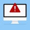 Computer with error or red sign attention danger error message device screen blue background with shadow warning icon. Flat design