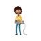 Computer geek character with keyboard in hands. Cartoon black boy with smiling face expression. Kid in sweater, jeans