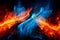 A computer generated fire and ice image depicting flames and ice abstract background. Generative AI.