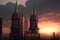 a computer generated image of a gothic cathedral at sunset or dawn.