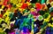 Computer graphics of abstract floral psychedelic background stylization of colored chaotic stickers in the form of literature