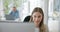 Computer, happy and businesswoman working in the office on a creative research project. Happiness, smile and