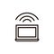 Computer laptop pc vector thin line icon. Device online connected to the internet through wireless waves