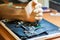 A computer literacy repair men hands, examines laptop clean therma