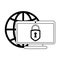 Computer locked over global spehre symbol black and white