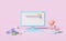 Computer monitor with blank search bar,palms,beach chair,inflatable flamingo,cloud,world,umbrella,palm,plane isolated on pink