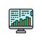 Computer monitor with growth graphs, stock market, finance trade flat color icon