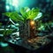 A computer motherboard with a plant growing out of it, green renewable futuristic microchip industry