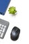 Computer mouse, keyboard, agenda and plant on white background