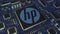 Computer printed circuit board or PCB with Hewlett-Packard Company HP logo. Conceptual editorial 3D animation