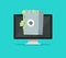 Computer with safe box full of paper money vector illustration, flat cartoon of pc with protected cash in vault, concept