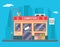 Computer Shop Interior Seller Goods Offer Sale Isolated Icon Flat Design Character City Background Vector Illustration