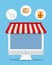 Computer shopping online store market icon. Vector graphic