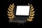 Computer Technology Award Concept. Modern Laptop Computer Notebook and Blank Screen for Your Design with Gold Laurel Wreath Winner