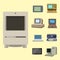 Computer technology evolution display telecommunication equipment metal pc monitor frame modern office network.