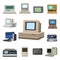 Computer technology vector evolution display telecommunication equipment metal pc monitor frame modern office network.