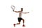 Concentered young man, tennis payer in motion during game, training, hitting ball with racket isolated over white