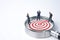 Concentrate setup objectives target and business goal , Three manager miniature figures standing and see in virtual red arrow and
