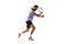 Concentrated competitive young man, tennis player in motion during game, playing isolated over white background. Sport