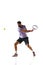 Concentrated competitive young man, tennis player in motion during game, playing isolated over white background. Sport