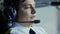 Concentrated pilot controlling airplane and talking to dispatcher, job duties