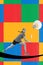 Concentrated young girl, badminton player hitting shuttlecock with racket over colorful background. Creative art collage