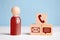 The concept of an abstract doctor with a sign of medicine with contact icons - phone, mail, messenger. A wooden figurine with