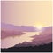 Concept adventure landscape. Silhouette of river, mountains, hills and forest on the sun and sky background. Summer travel. Spring