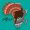 Concept of African woman, face profile silhouette with turban in the shape of a map of Africa. Colorful Afro print tribal logo