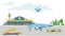 Concept airport banner, airstrip with passenger aircraft, service airfield vehicle cartoon vector illustration. Plane