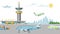 Concept airport banner, work airstrip airfield and terminal flat vector illustration. Take off, landing passenger plane