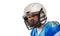 Concept american football, portrait of american football player in helmet with patriotic look. Black white background