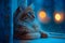 Concept Animal Photography, Nighttime Moonlit Serenity Ginger Cat on a Blue Tinged Evening
