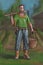 Concept Art Fantasy Illustration of Villager, Countryman, Farmer or Village Man With Hoe and Basket