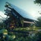 Concept art of a modern house with solar panels on the roof. Concept of futuristic environmentally friendly home. Ecological, self