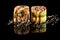 Concept of Asian cuisine. Two rolls of sushi with different fillings on a black background with the age for a Japanese menu