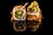 Concept of Asian cuisine. Two rolls of sushi with different fillings on a black background with the age for a Japanese menu