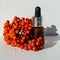 The concept of autumn skin care. Fragrance, essential oil from mountain ash. Whey and ripe red mountain ash berries.