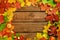 The concept of autumn wallpaper. Dried maple leaves and acorns lined with around frame with copy space for your text