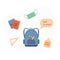 Concept for back to school after pandemia. Student backpack with stationery, books, pencil, face mask and hand sanitizer