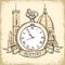 The concept of background about the history, architecture cathedral and Pocket Watch In Vintage Style.