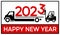 Concept banner 2023, happy new year. A forklift is loading number 3 onto a truck