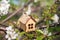 The concept of the beginning of spring. Miniature house on a flowering branch close-up and copy space. Wooden house and flowers as