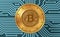 Concept Of Bitcoin Like A Electronic Security Lock On Blue Printed Circuit Board