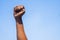 Concept of black history month celebration or activist Hand rising against sky during march showing with copy space