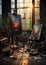 Concept of Burnt Out Creativity. An artist's studio with unfinished paintings and discarded brushes, portraying the