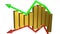 Concept of business gains and losses represented by gold bars sitting between green and red arrows isolated on white